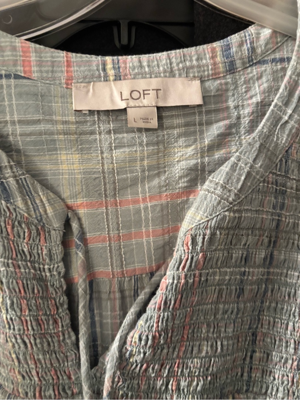 LOFT Plaid Smocked Light green Top with Pink and Yellow Stripes